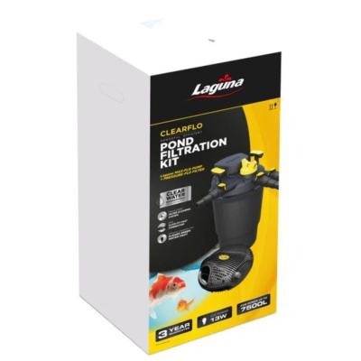 Caixa de kit de filtração de lago Laguna CLEARFLO com texto e imagens do equipamento.