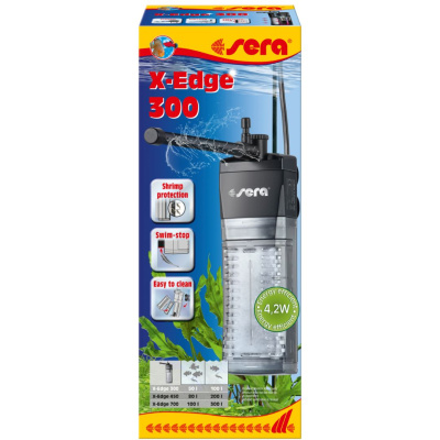 Embalagem do filtro para aquário Sera X-Edge 300 com especificações e características