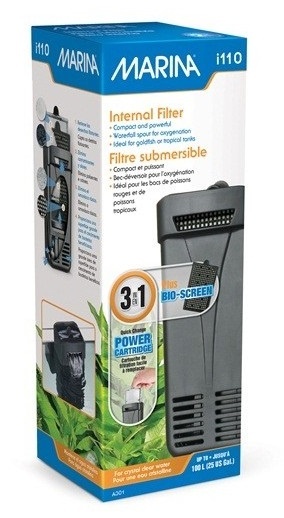 Caixa de filtro interno para aquário MarinA i110 em cinzento com texto e ilustrações no fundo