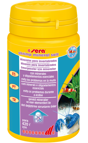 Recipiente amarelo Rera shrimp mineral salt para camarões com rótulo colorido e imagens de crustáceos