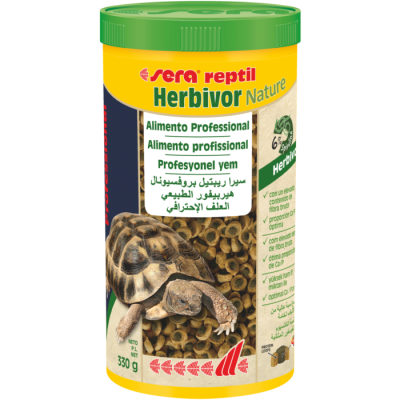 Embalagem de alimento para répteis Sera Reptil Herbivor Nature com imagem de tartaruga e ração em rodelas