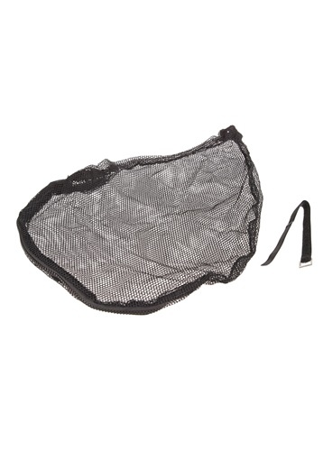 Rede ou saco de malha preta com bordas reforçadas e tira com fecho