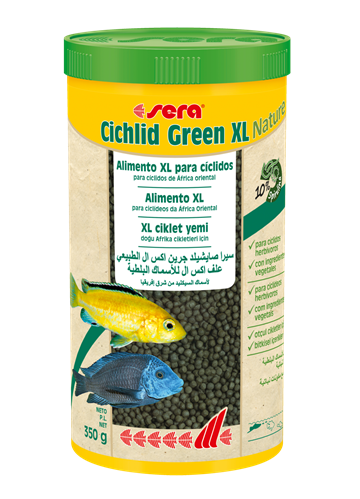 Recipiente de alimento para peixes Sera Cichlid Green XL Nature amarelo com tampa verde