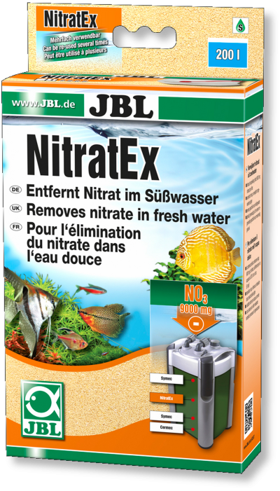 Embalaem de JBL NitratEx para aquários com peixes, texto multilíngue e indicação de remoção de nitrato 9000 mg