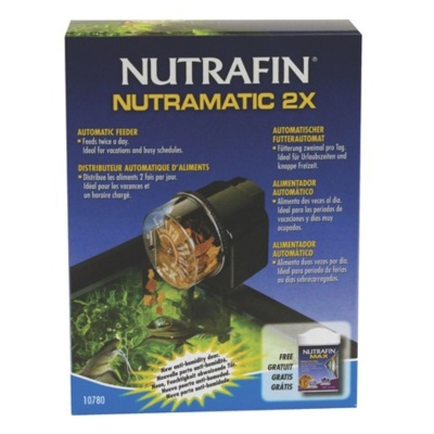 Caixa do alimentador automático Nutrafin Nutramatic 2X azul com texto e imagens