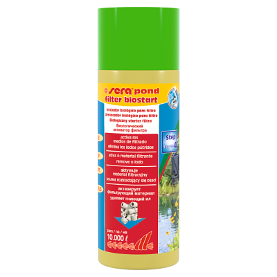 Frasco de tratamento para filtro de lagoas com tampa verde e etiqueta colorida