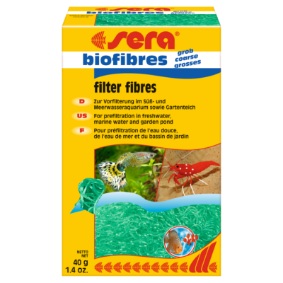 Caixa amarela e azul de fibras de filtro Sera biofibres com imagens de peixe-leopardo e camarão e fibra verde no interior