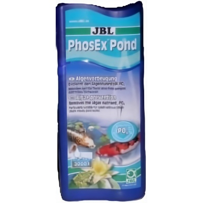 Frasco azul de produto JBL PhosEx Pond com peixes e plantas na etiqueta
