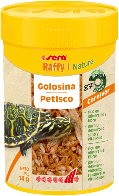 Recipiente amarelo de petiscos para tartaruga com tampa amarela e texto em espanhol e português.