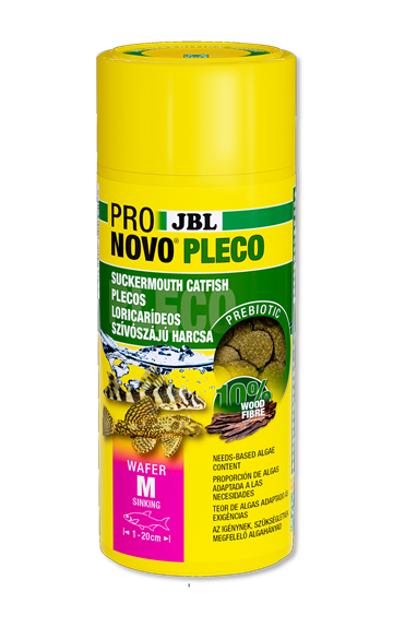 Embalagem amarela de ração JBL PRO NOVO PLECO para bagres, com imagens de peixes e texto multilingue