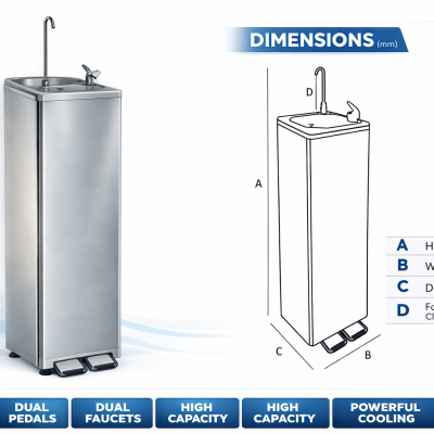 Fonte para beber água em aço inoxidável com dupla torneira, pedais duplos e dimensões indicadas.