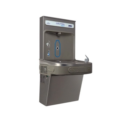 Fonte de água metálica cinzenta com dispenser para garrafas