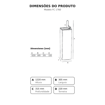 Esquema do lavatório com dimensões do produto em milímetros