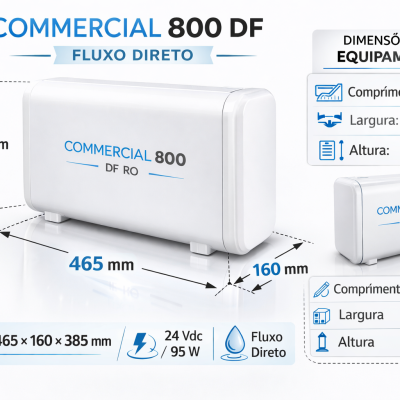 Equipamento branco COMMERCIAL 800 DF RO com dimensões e especificações técnicas
