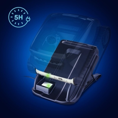 Carregador eletrônico preto com LEDs verdes em fundo azul e ícone 5H