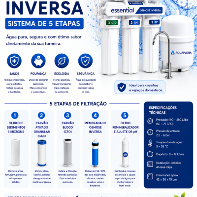 Sistema de osmose inversa Aquaplena com 5 etapas de filtração e selo de qualidade Premium