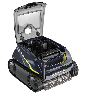 Robô limpa-piscinas azul escuro com tampa transparente aberta e esteiras pretas