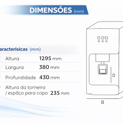 Esquema com dimensões de um dispensador ou máquina com texto em português
