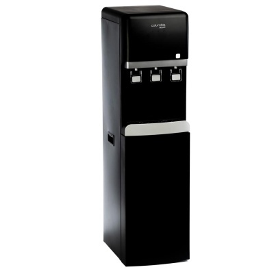 Dispensador de água de pé preto com três botões e detalhes em prata