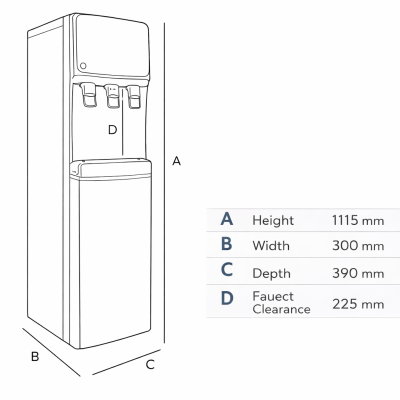 Desenho de dispensador de água com medidas indicadas em milímetros