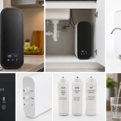 Purificador de água branco e preto com display digital e filtros, instalado em cozinha e com torneira metálica