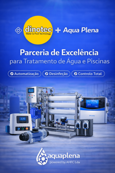 Equipamentos para tratamento de água e piscinas das marcas dinotec e Aqua Plena com descrição de funcionalidades.