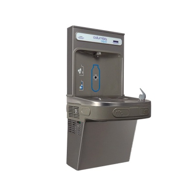 Fonte de água metálica cinzenta com dispenser para garrafas