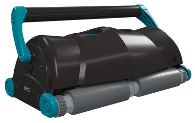 Robot de limpeza preto com alças azul-turquesa e rolos cinza.