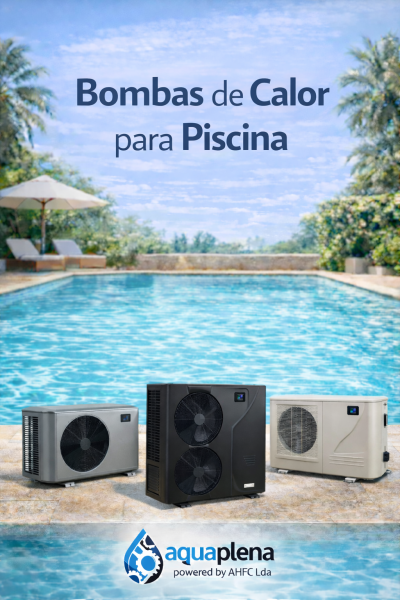Três bombas de calor para piscina junto a piscina azul com texto promocional e logotipo aquaplena