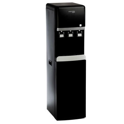 Dispensador de água de pé preto com três botões e detalhes em prata