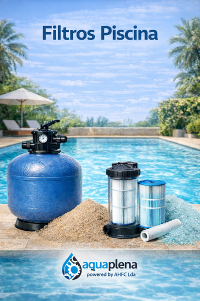 Filtro de piscina azul com cartuchos de filtro ao lado de uma piscina
