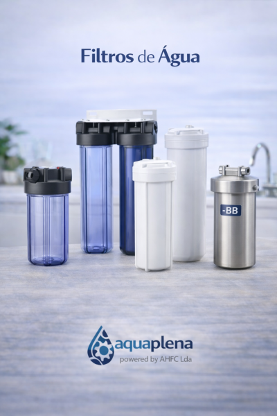 Conjunto de filtros de água com carcaças azuis, brancas e inoxidáveis