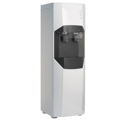 Dispensador de água branco e cinza com duas torneiras e botões na parte superior