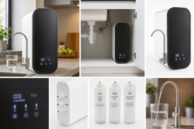 Purificador de água branco e preto com display digital e filtros, instalado em cozinha e com torneira metálica