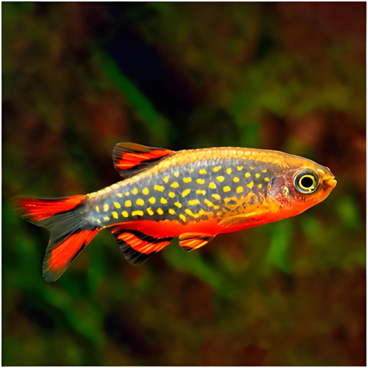 Peixe tropical cinzento com manchas amarelas e nadadeiras vermelhas em ambiente subaquático
