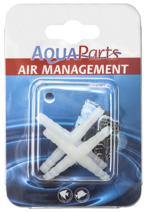 Acessório plástico branco em forma de cruz para gestão de ar, embalagem AquaParts com fundo azul e vermelho