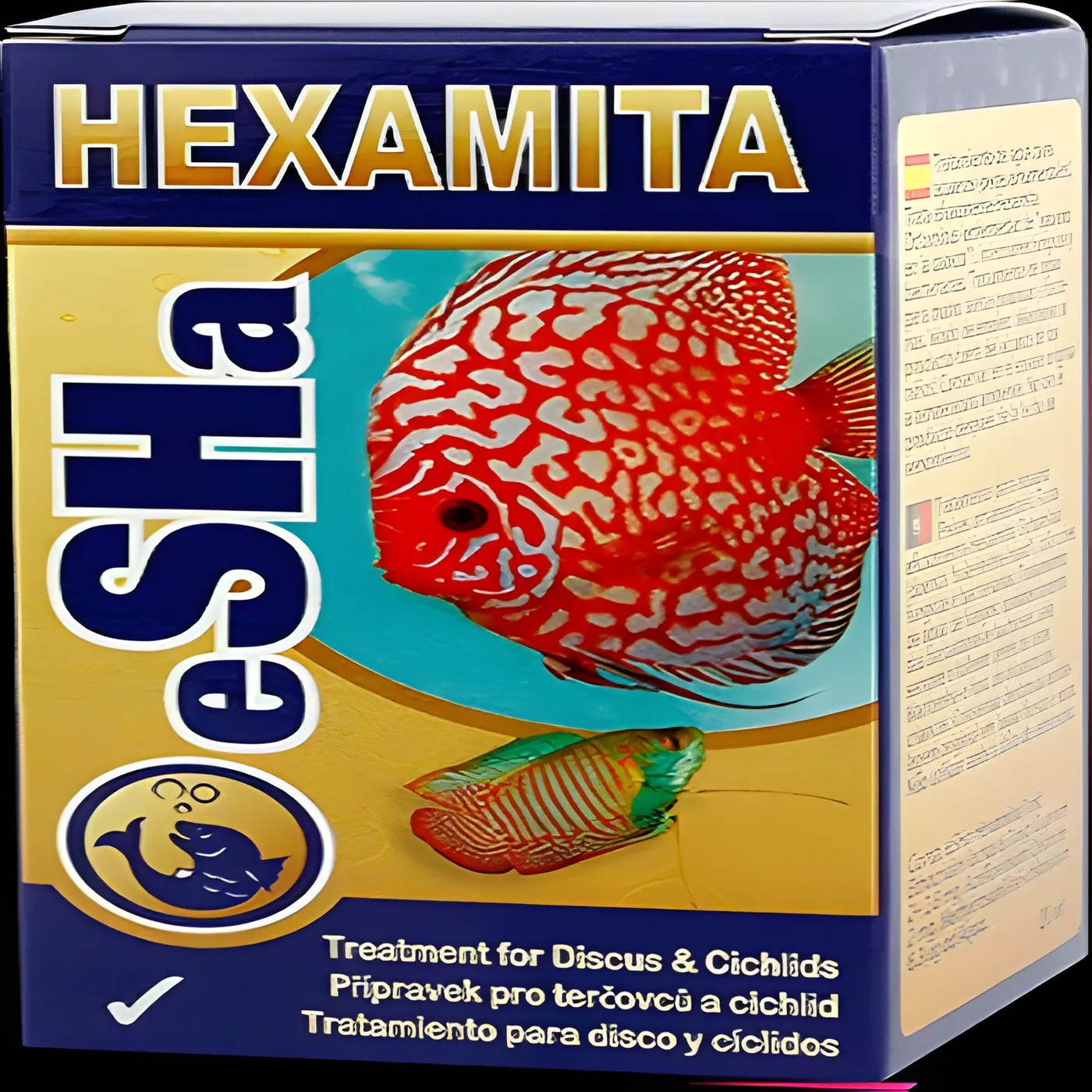 Embalagem de tratamento para peixes Oase Hexamita com imagens de peixes coloridos