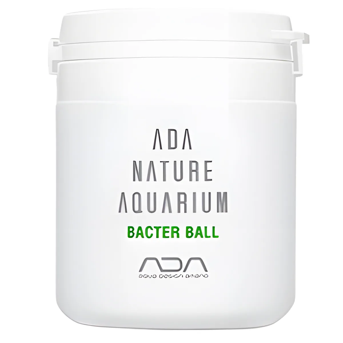 Recipiente branco de plástico com tampa e rótulo ADA NATURE AQUARIUM BACTER BALL