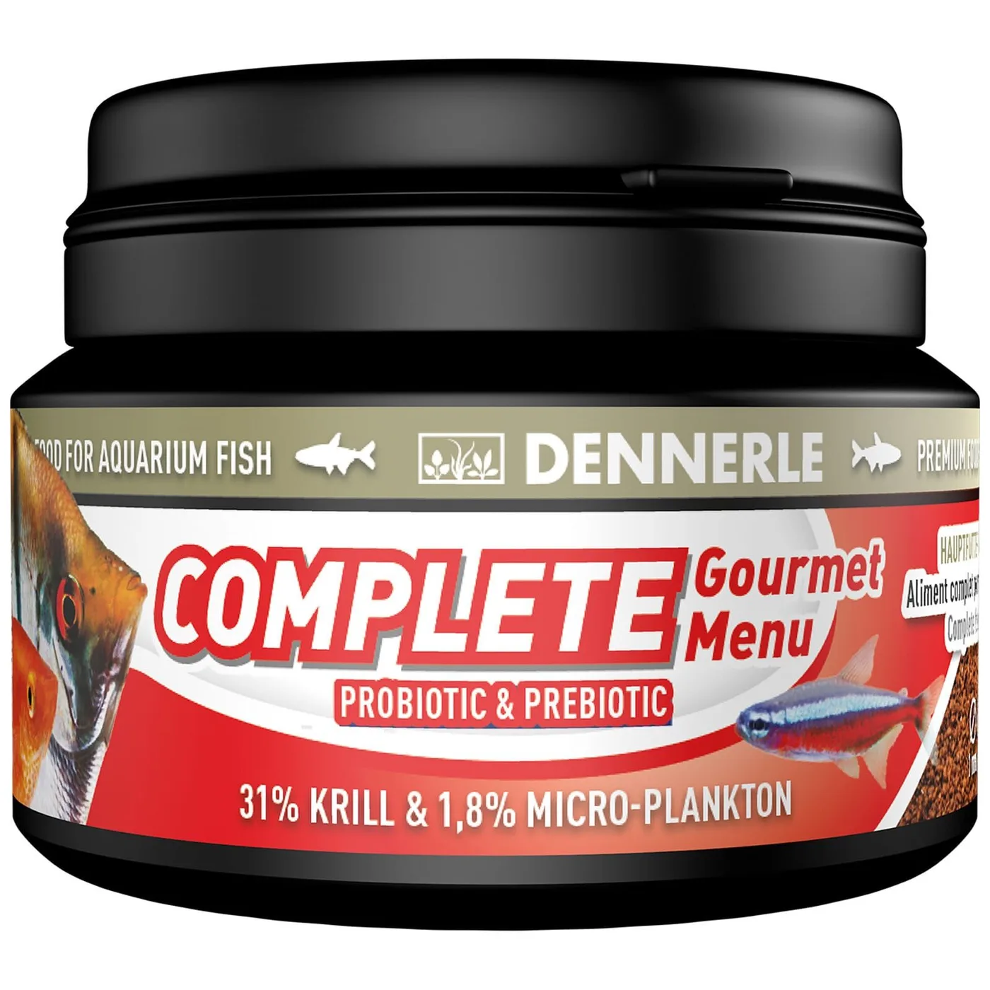 Frasco preto com tampa e rótulo de comida para peixes de aquário DENNERLE Complete Gourmet Menu