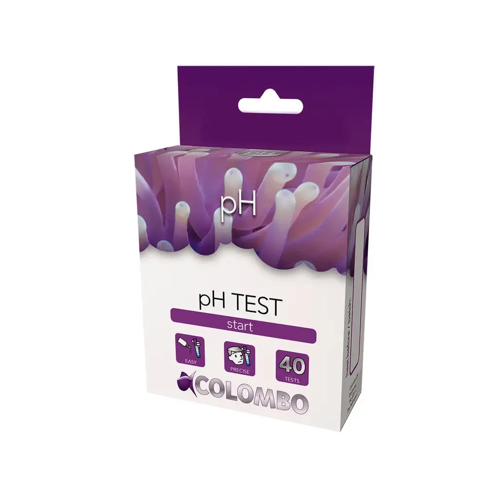 Embalagem para teste de pH Colombo com design branco e roxo e indicação de 40 testes