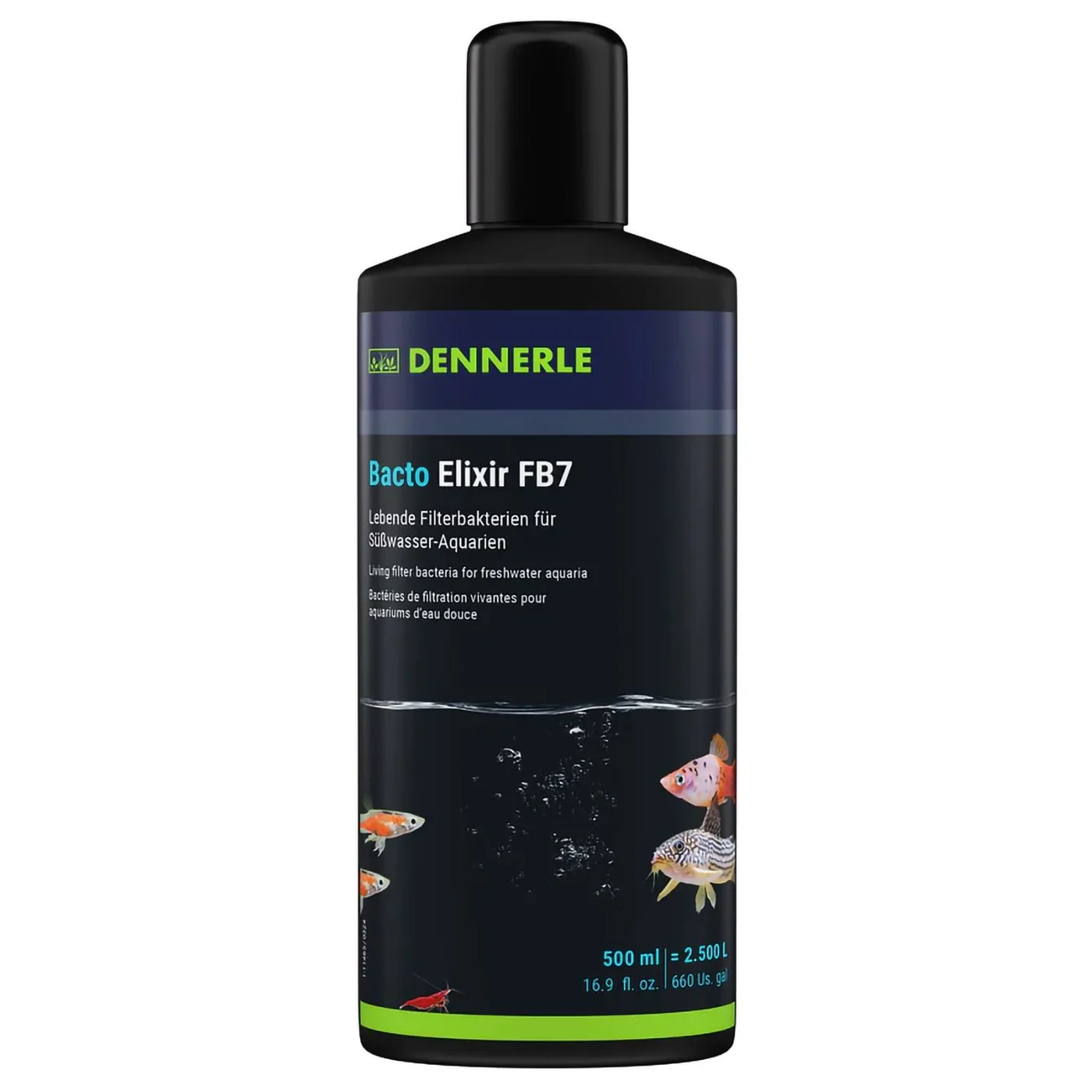Frasco preto Bacto Elixir FB7 DENNERLE com peixes e texto