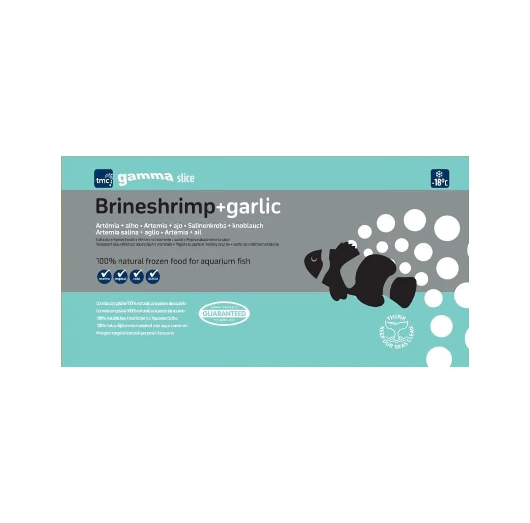 Embalagem de comida congelada para peixes com texto Brineshrimp+garlic