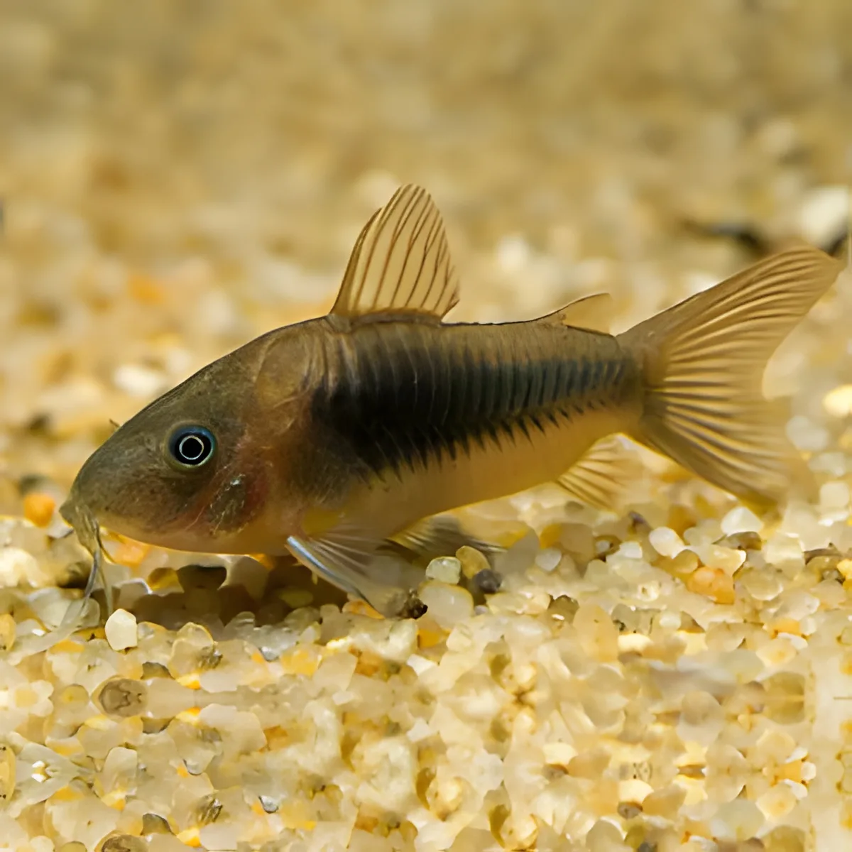 Peixe marrom e preto sobre grava clara no aquário