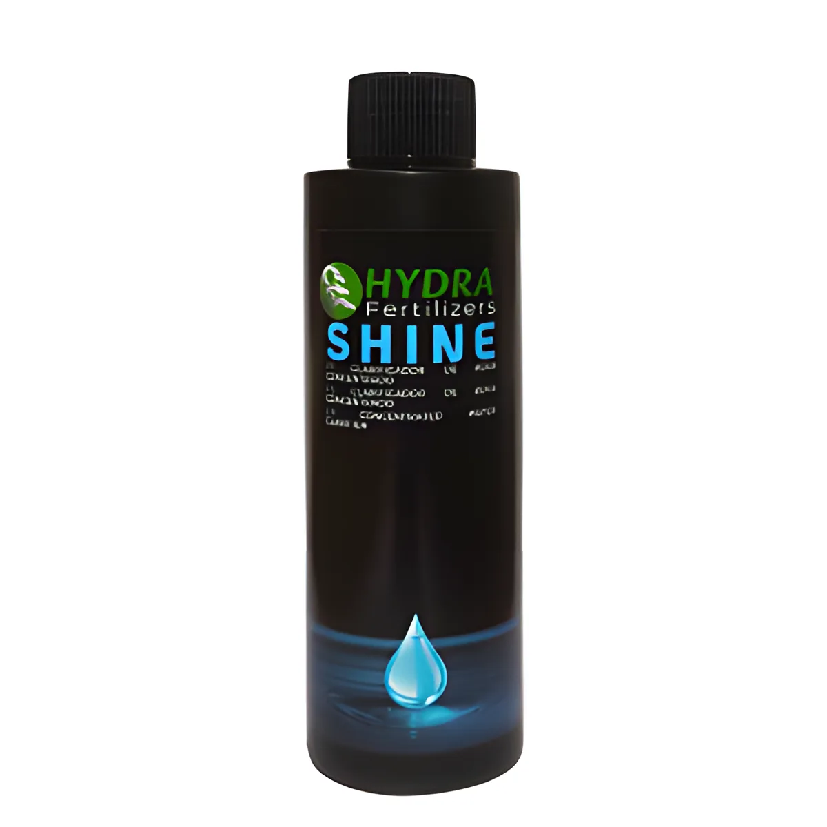 Frasco preto de fertilizante Hydra Fertilizers SHINE com gota de água azul