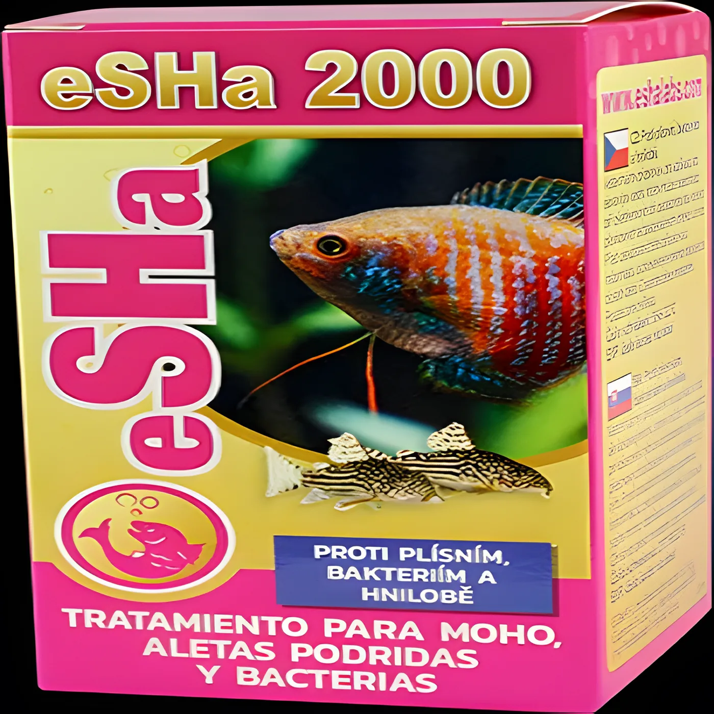 Embalagem de produto eSHa 2000 com peixes coloridos e texto em espanhol