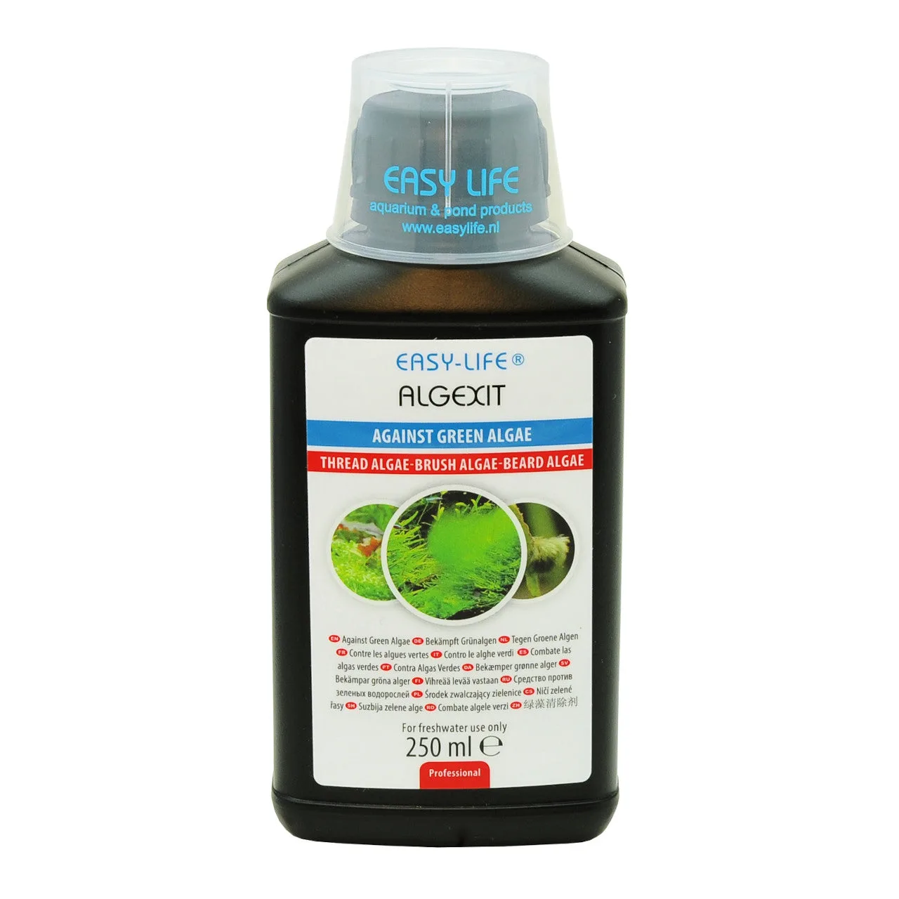 Frasco preto de 250 ml do produto ALGEXIT da EASY-LIFE com rótulo branco e tampa transparente