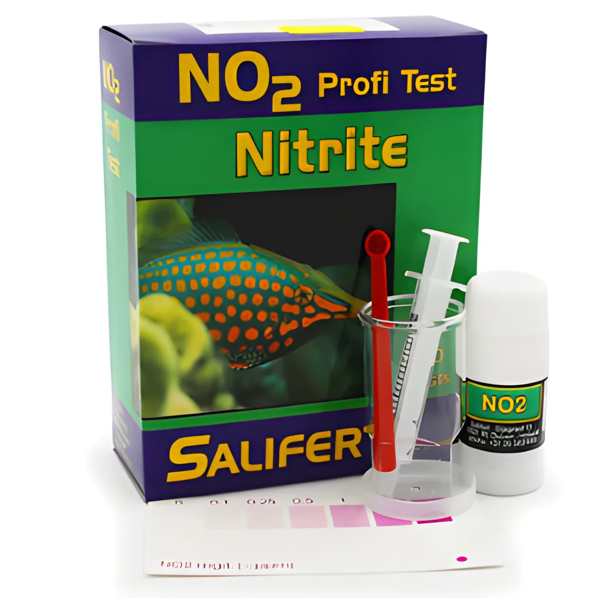 Kit de teste de nitrito NO2 Profi Test da Salifert com frasco, copo, seringa e espátula sobre tabela de cores