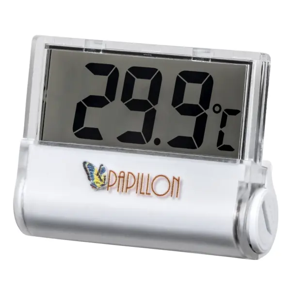 Termómetro digital branco com visor LCD e logo PAPILLON