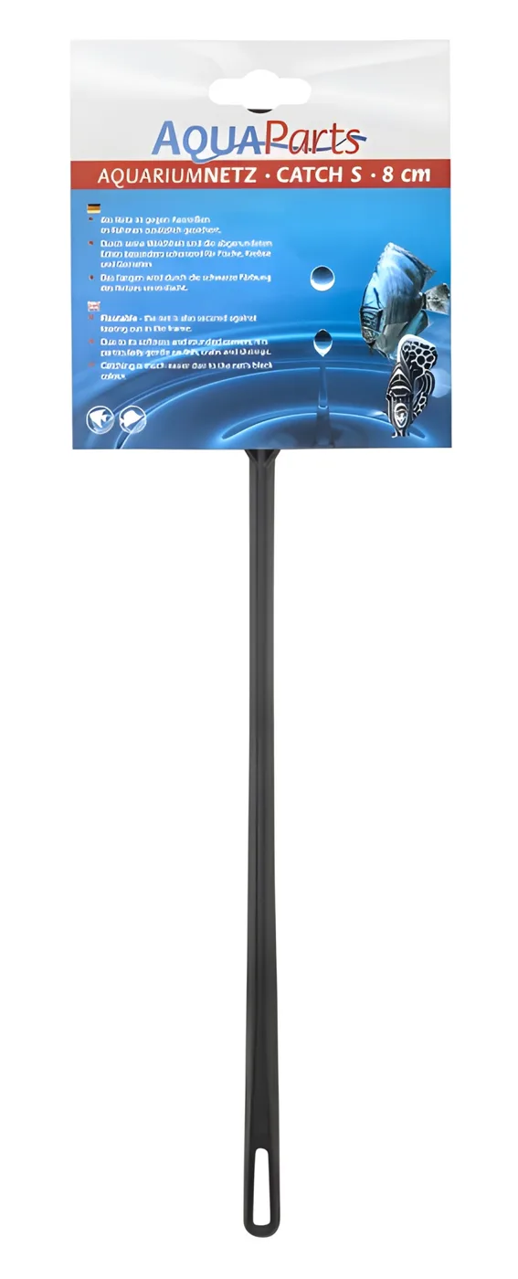 Rede para aquário AquaParts Catch S 8 cm com cabo preto e embalagem azul