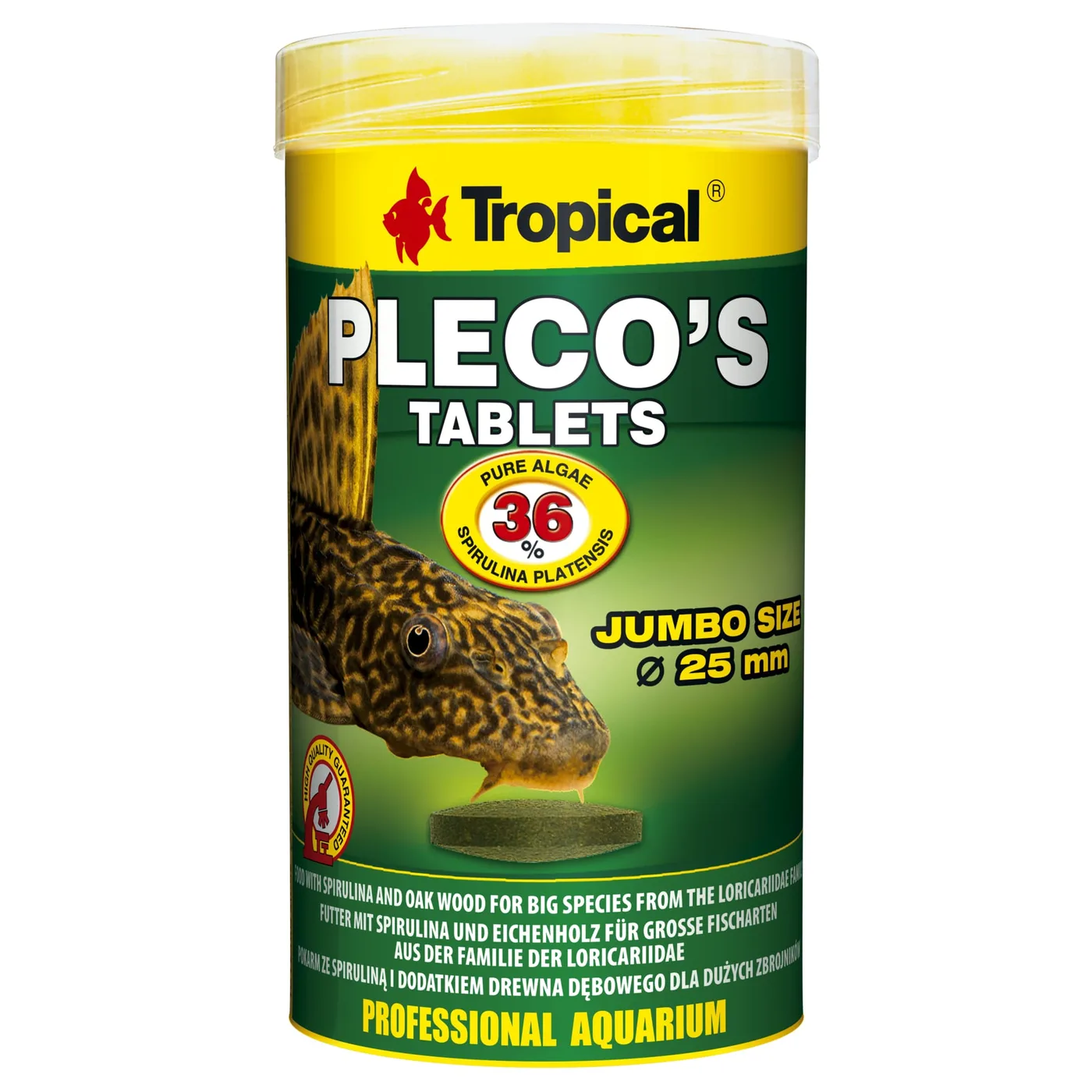 Embalagem de comprimidos para peixes Tropical Plecos Tablets com texto e imagem de peixe.